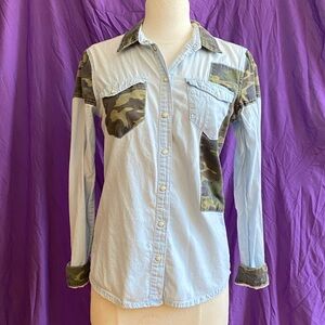 Vintage 90s Denim Shirt with Camouflage Details by Glamorous. Size S.